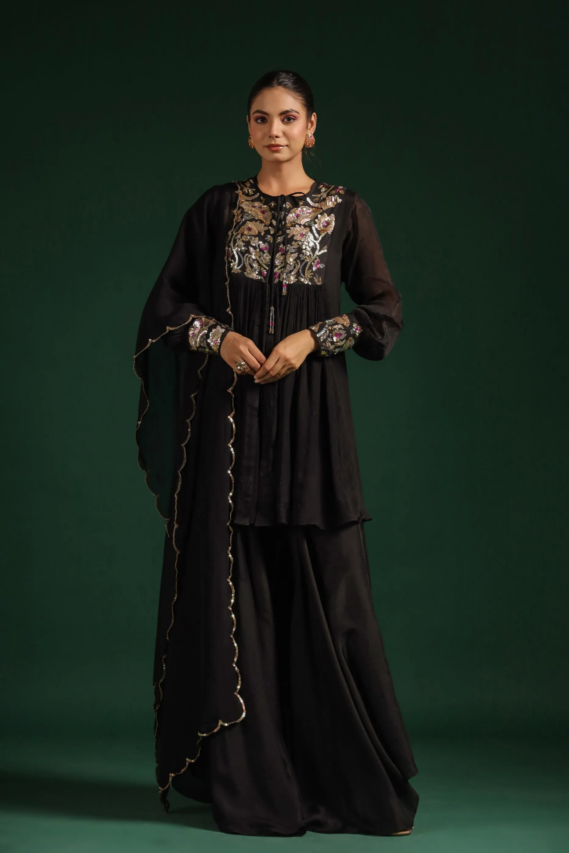 Black Embellished Premium Chinon Silk Skirt Set