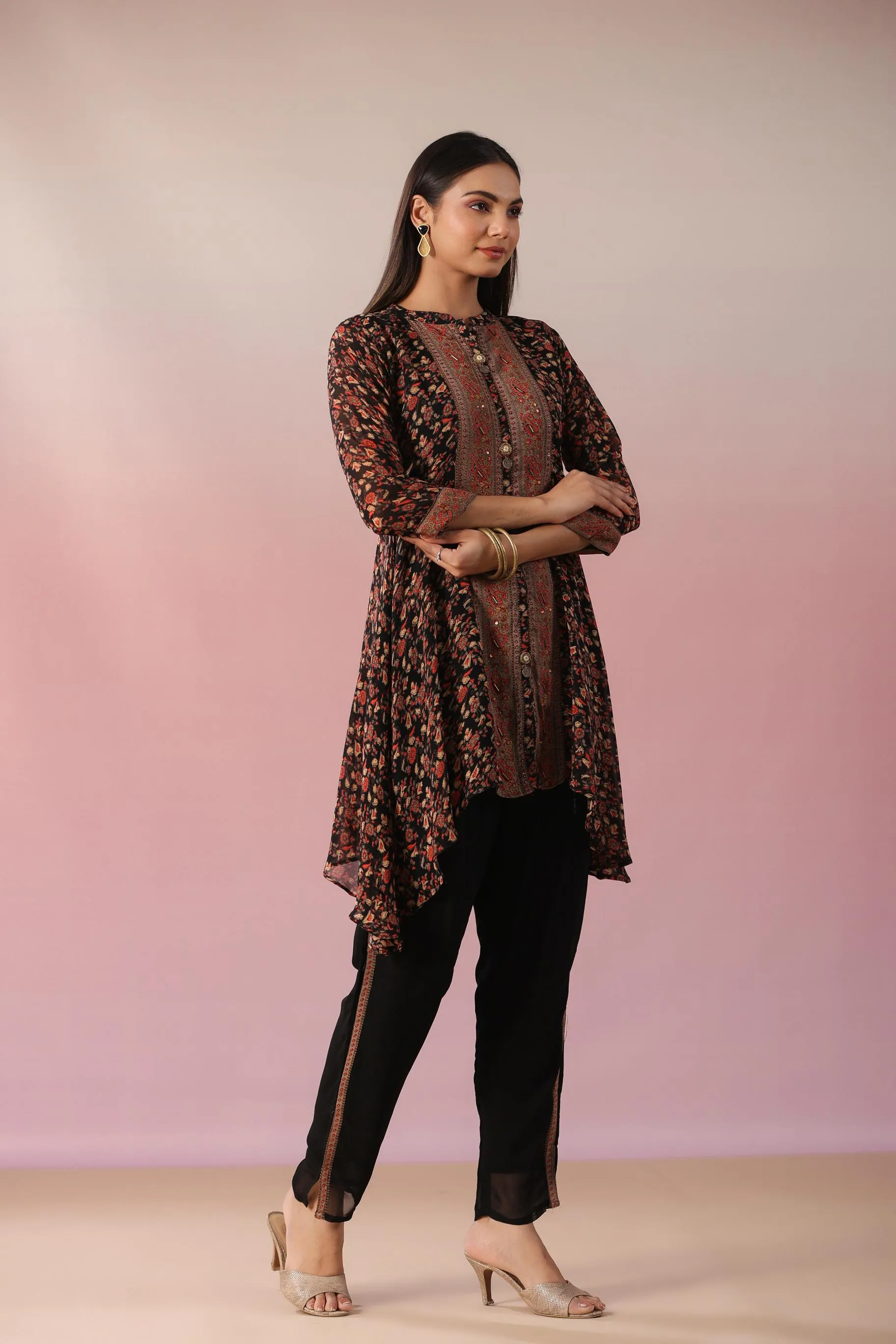 Black Floral Printed Swiss Georgette Silk Tunic & Pants Set