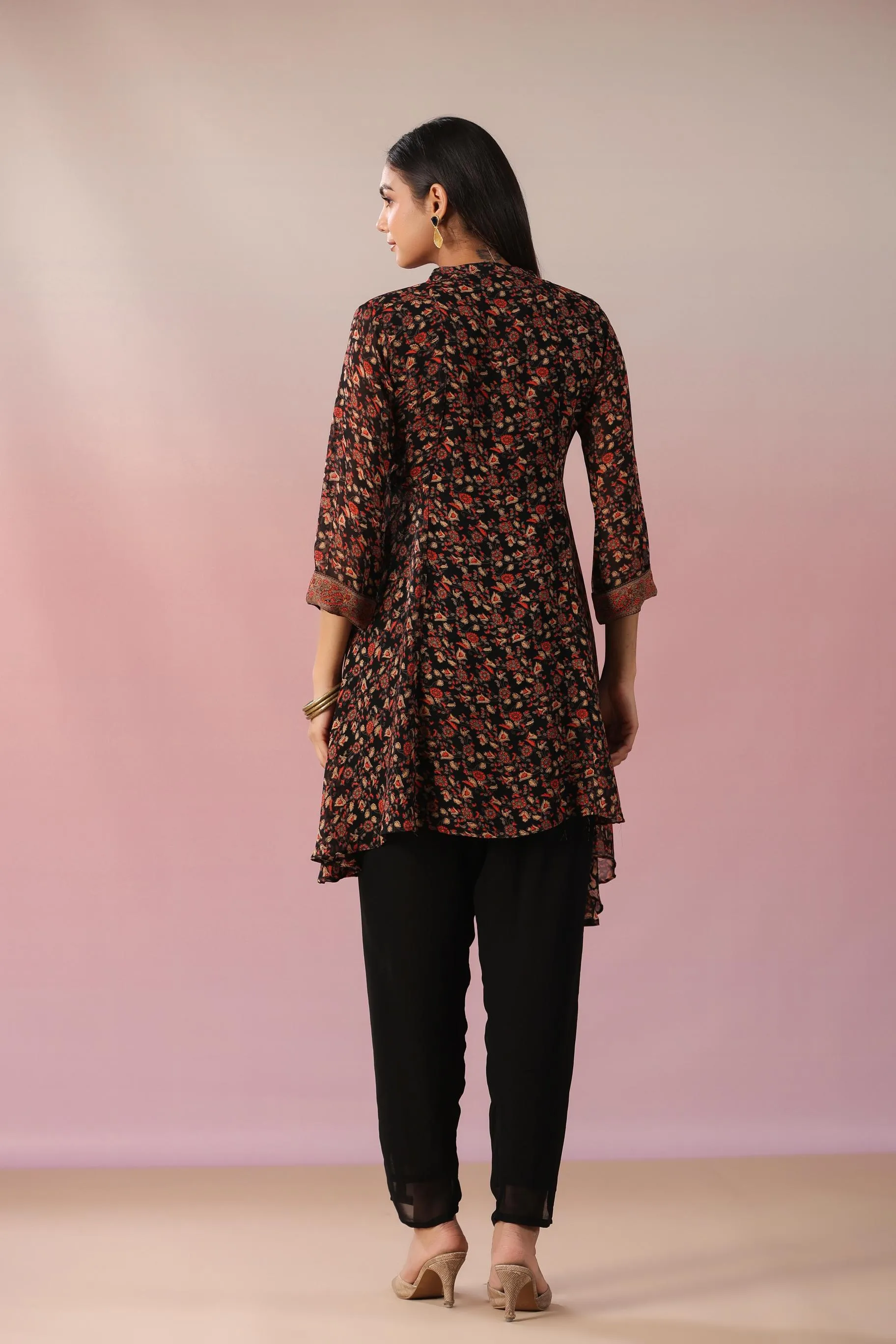 Black Floral Printed Swiss Georgette Silk Tunic & Pants Set