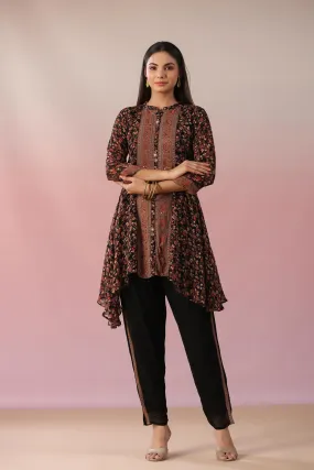 Black Floral Printed Swiss Georgette Silk Tunic & Pants Set