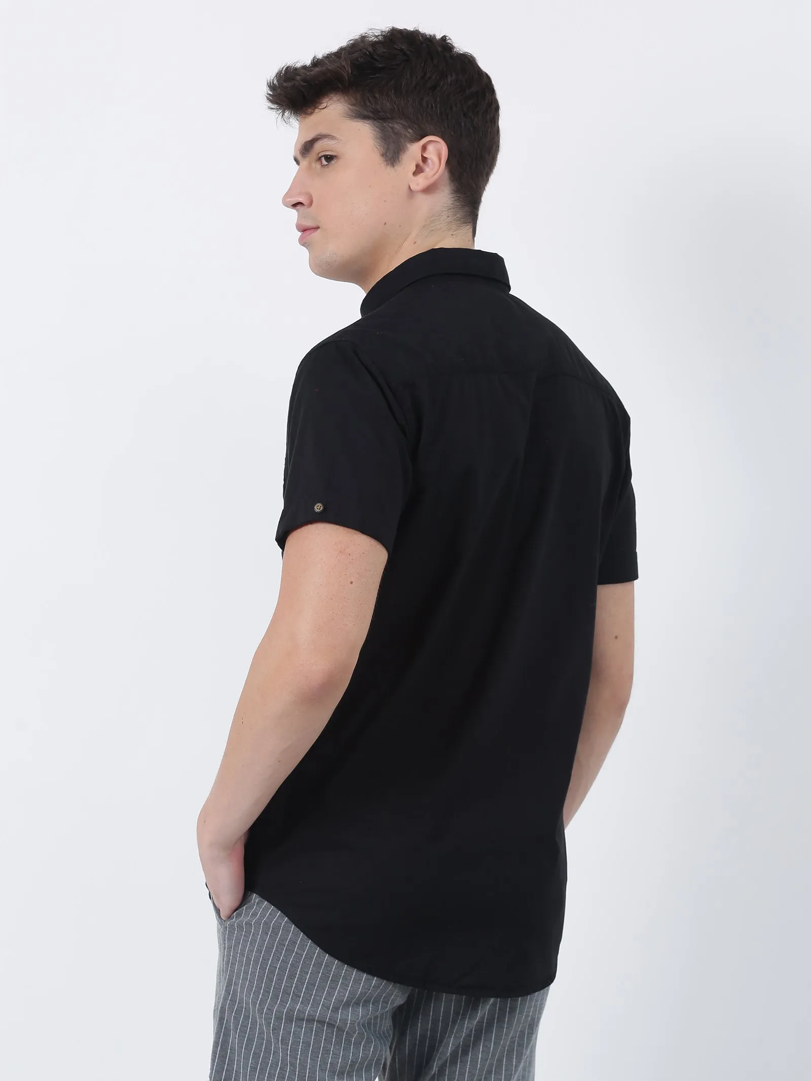 Black Solid Short Sleeve Casual Shirt