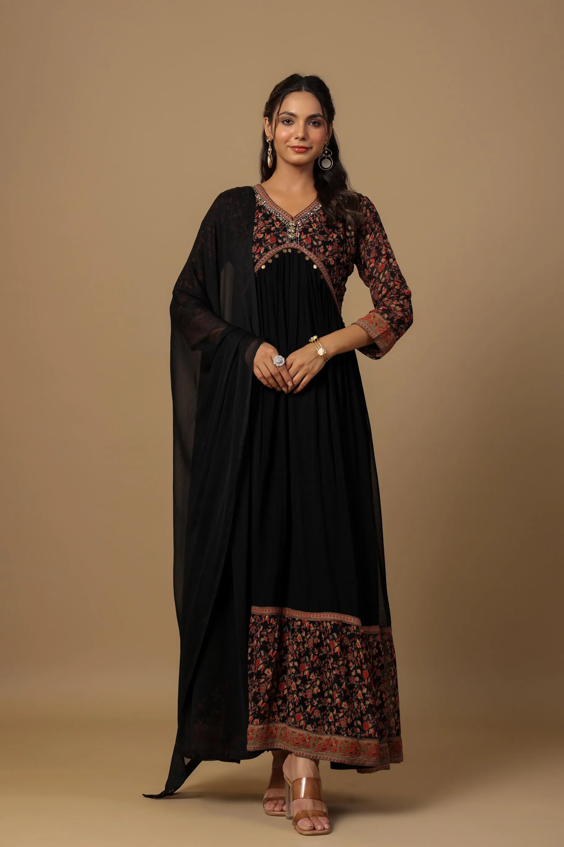 Black Traditional Printed Premium Georgette Silk Anarkali Set