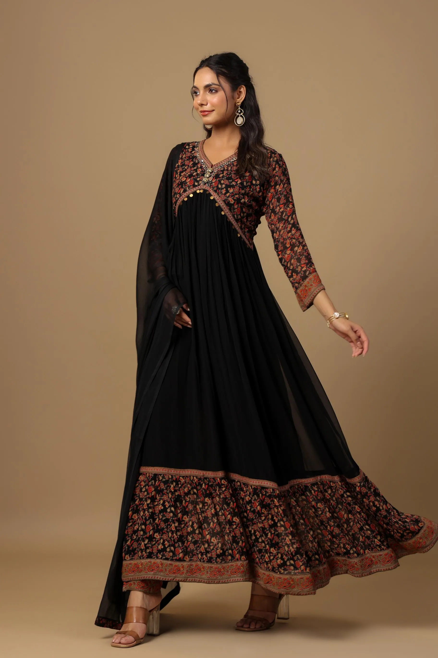 Black Traditional Printed Premium Georgette Silk Anarkali Set