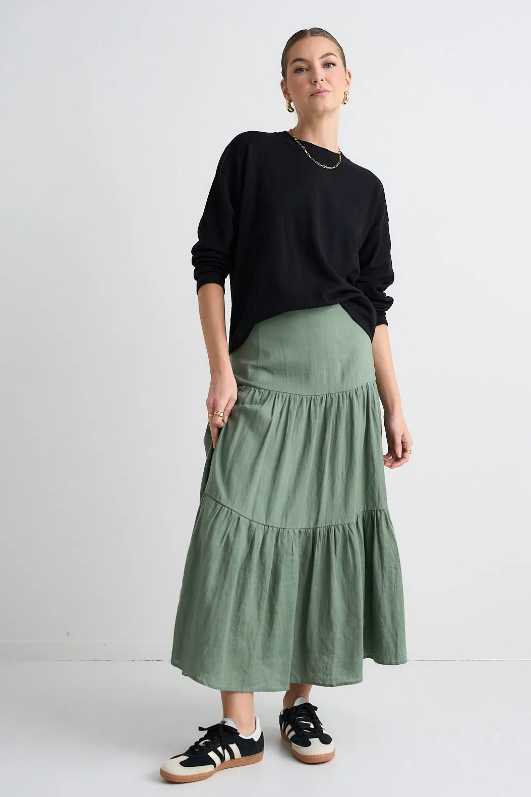 Blazing Moss Tiered Linen Midi Skirt