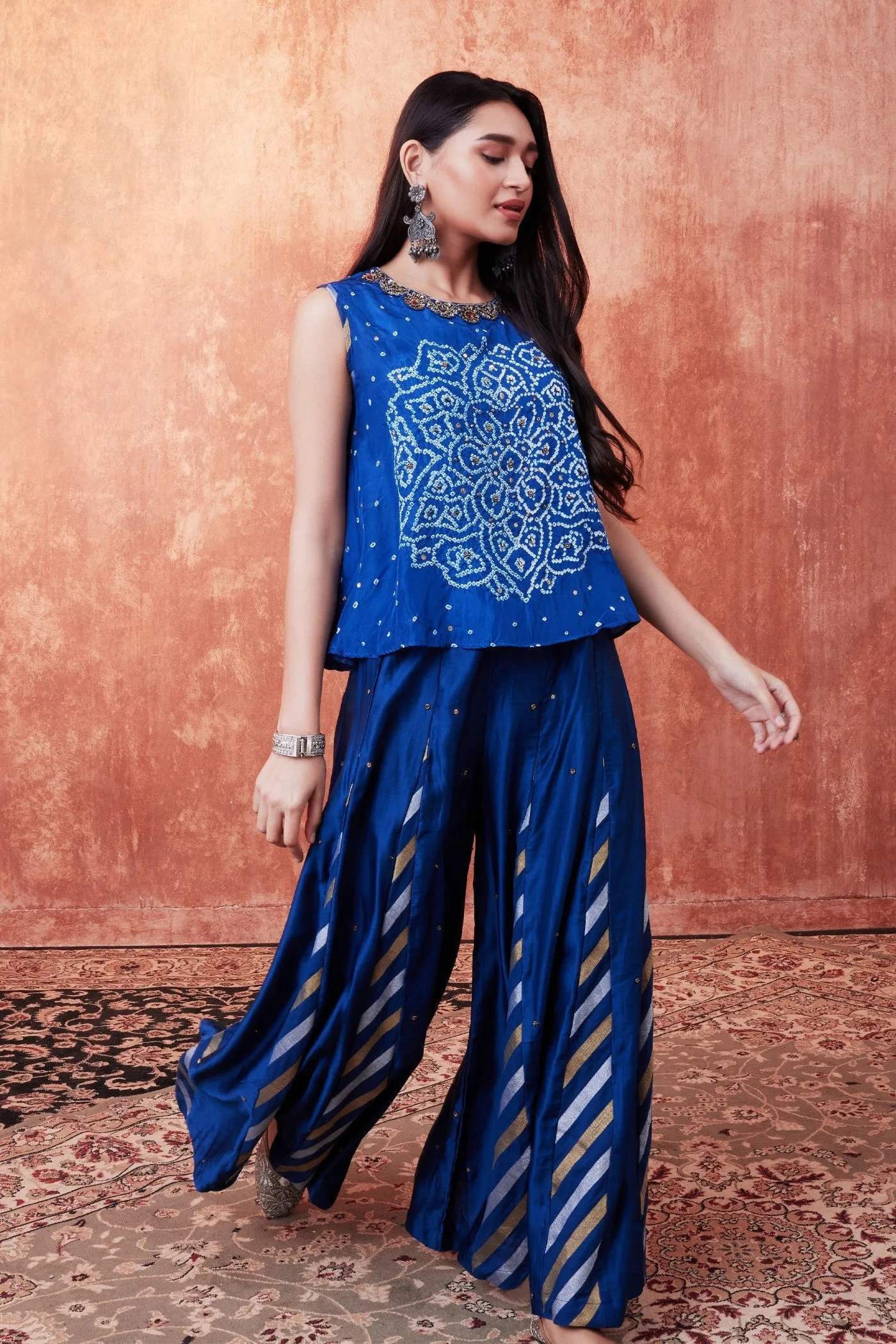 Blue Bandhej Leheria Printed Palazzo Set