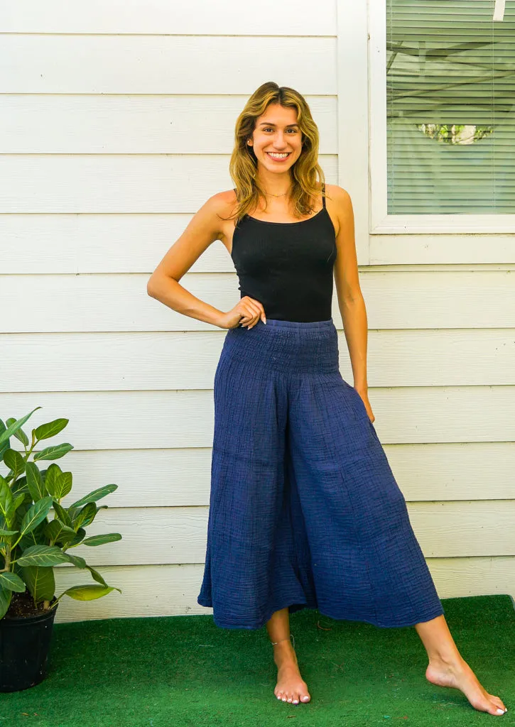 Blue Double Gauze Wide Legs Palazzo Pants