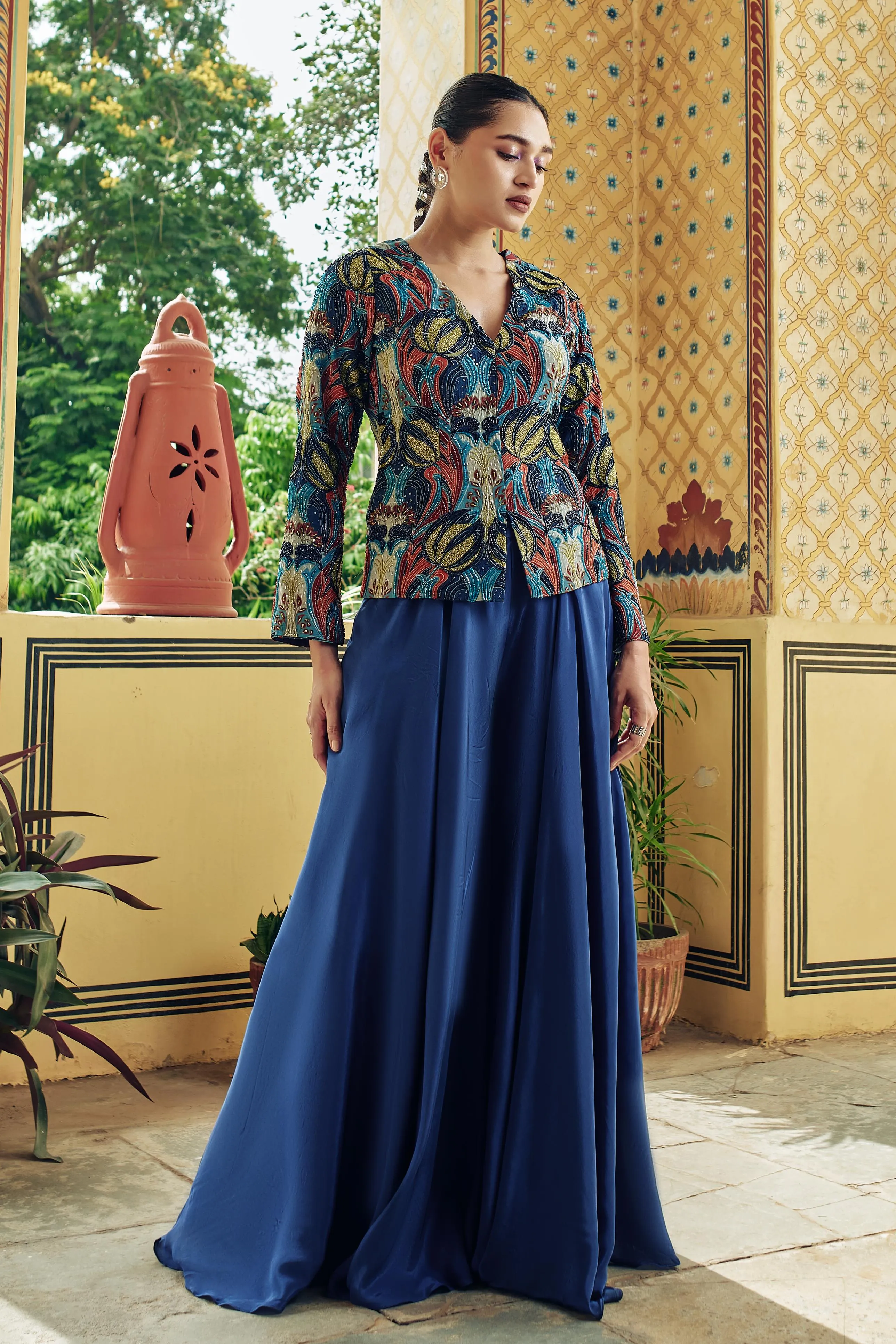 Blue Embroidered Habutai Silk Palazzo With Top