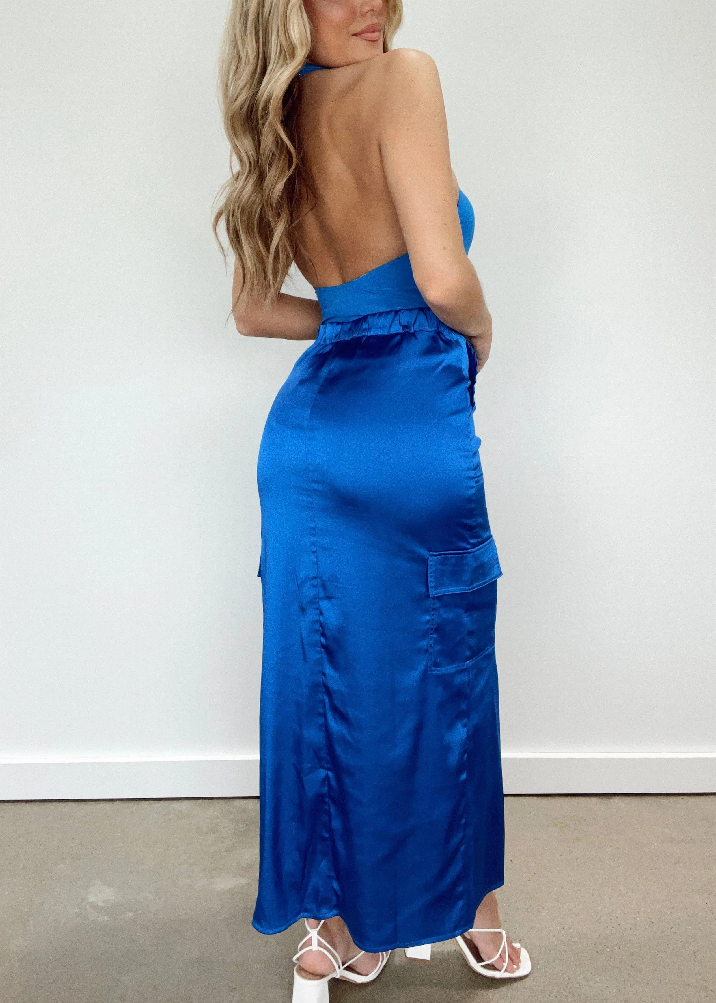 Blue Satin Cargo Skirt