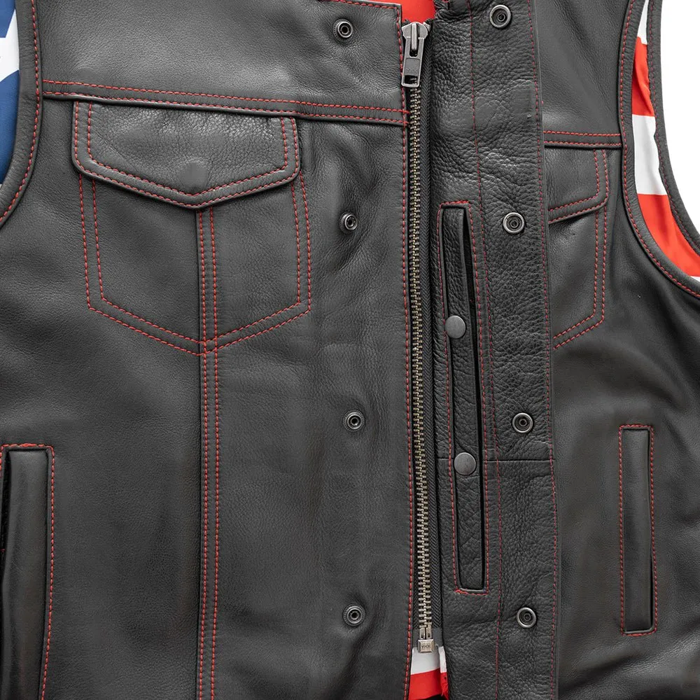 Born Free Men's Leather Motorcycle Leather Vest - Red Stitch