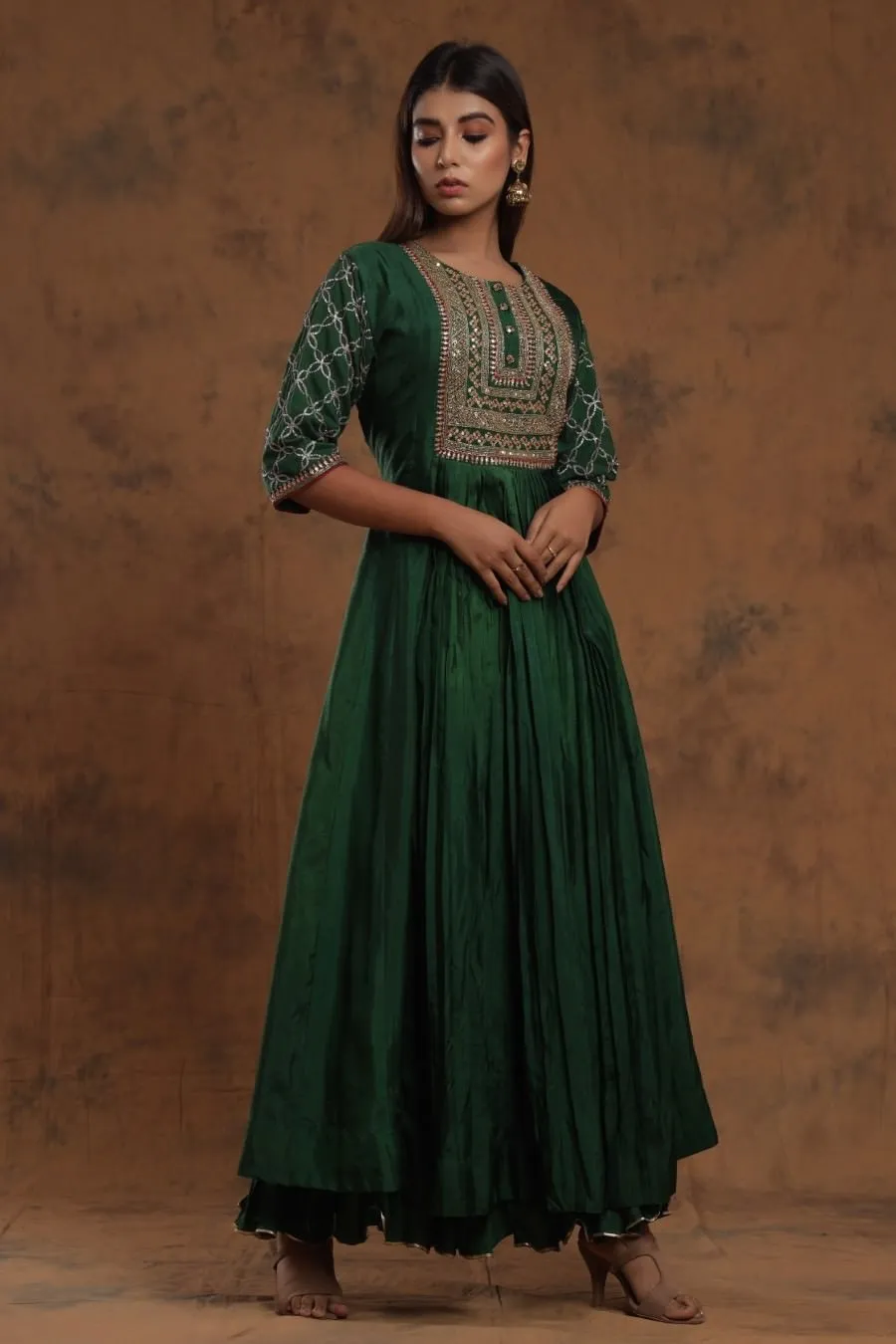 Bottle Green Chanderi Silk Kalidar Kurti With EmbroideryCrepe Silk Digital Print Western Top