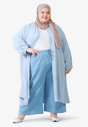 Breezie V-Neck Button Long Blouse - Light Blue