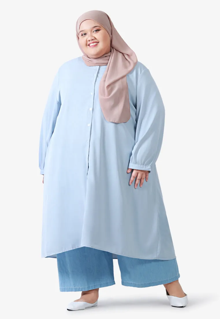 Breezie V-Neck Button Long Blouse - Light Blue