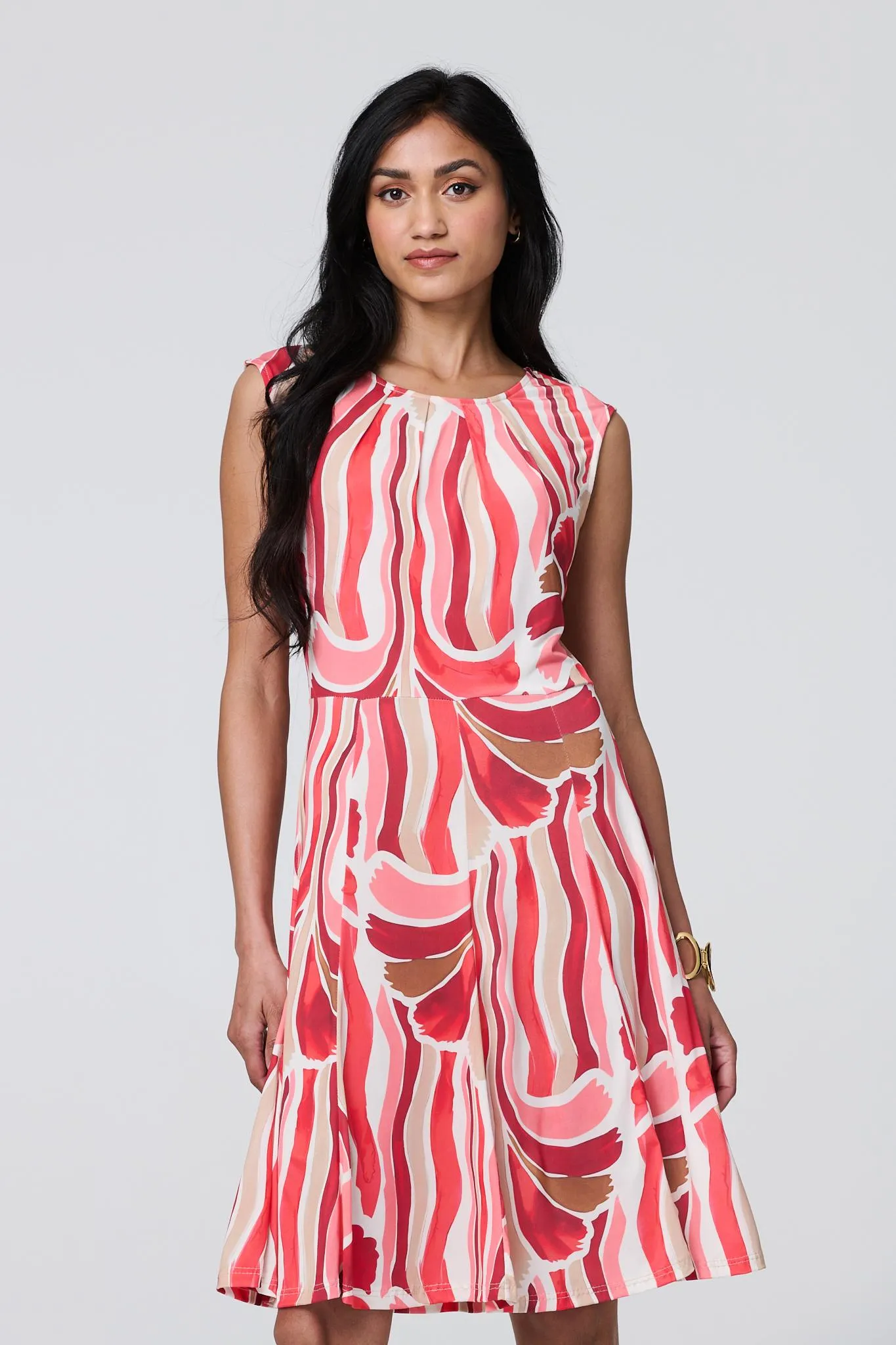 Brushstroke Print Sleeveless Knee Length Dress