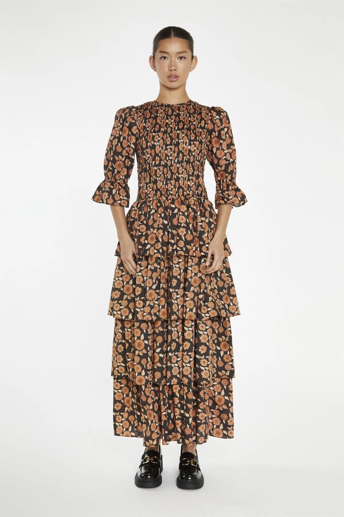 Burnt-Orange Daisy Tiered Maxi-Dress