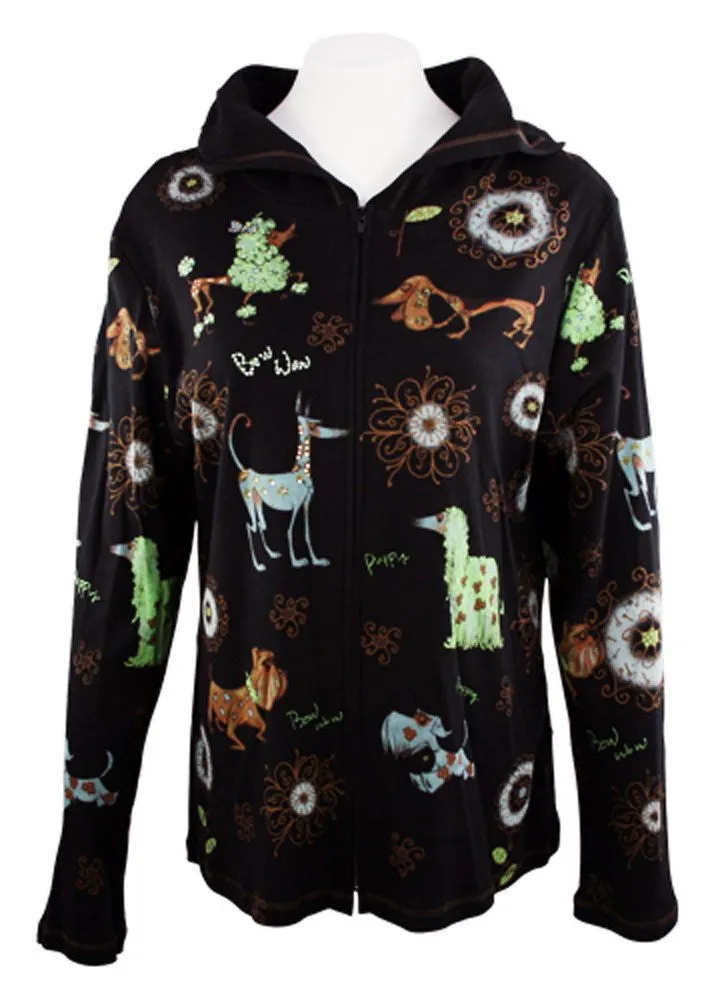 Cactus Fashion - Dog & Ornament, Cotton Print Rhinestone Hoodie Top