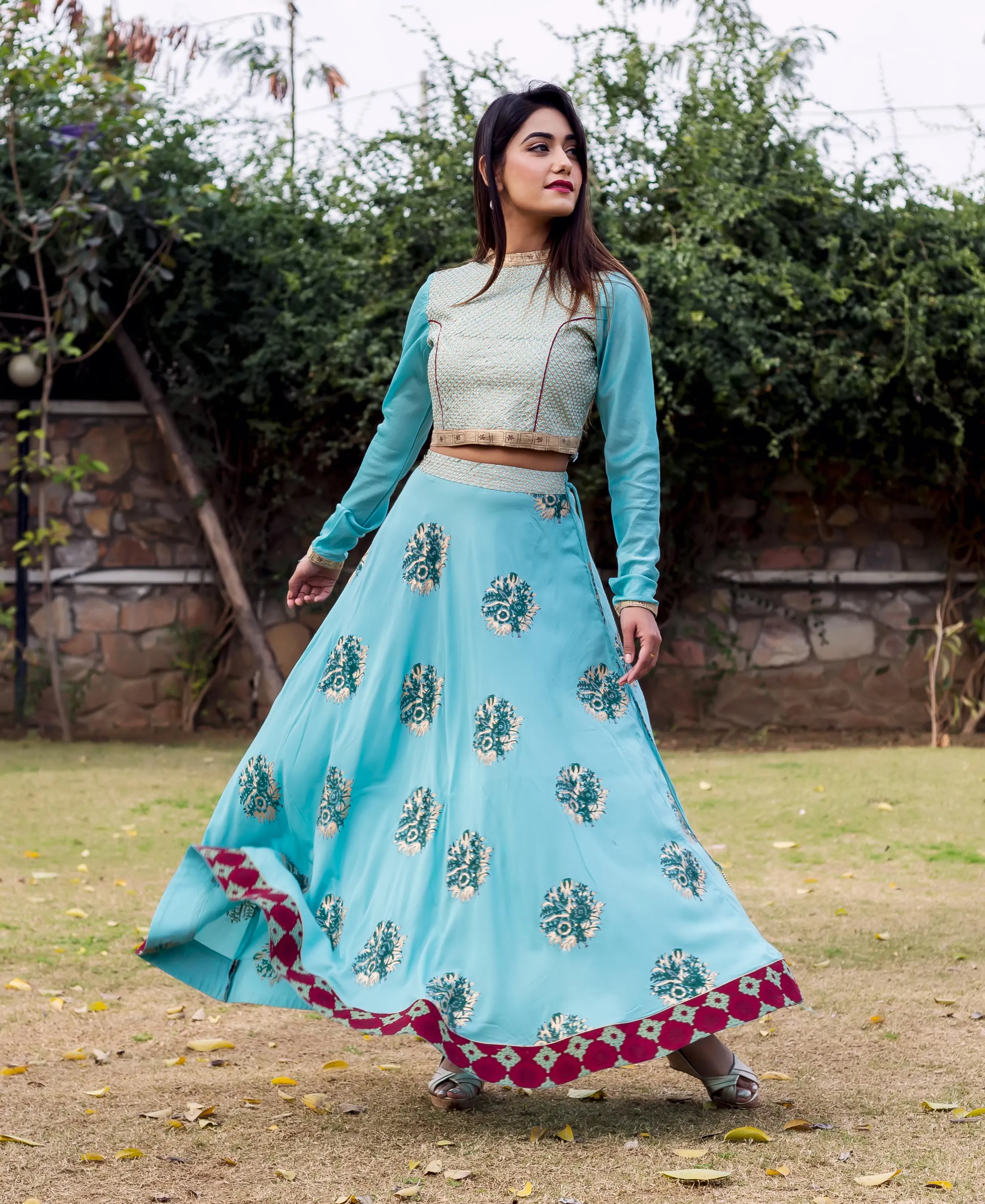 Cadet Blue Hand Block Printed and Embroidered Lehenga Set