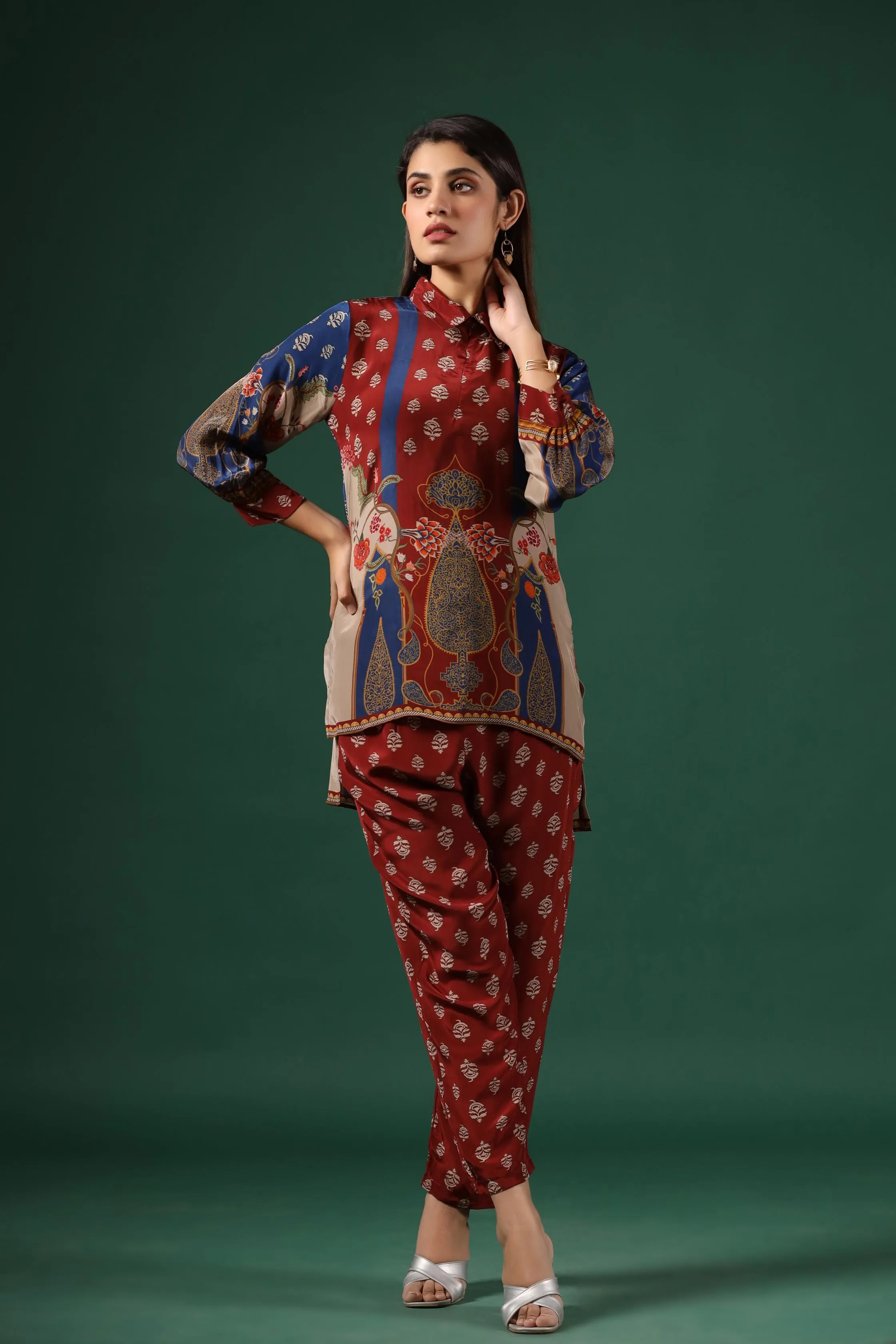 Carmine Red Ajrakh Printed Crepe Silk Co-Ord Set