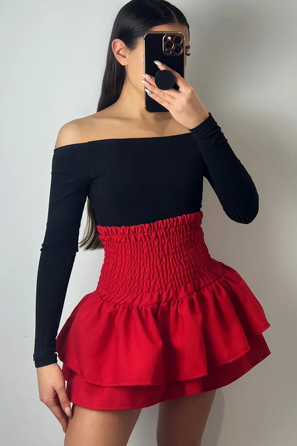 Cece Red Shirred Waist Ruffle Hem Mini Skirt