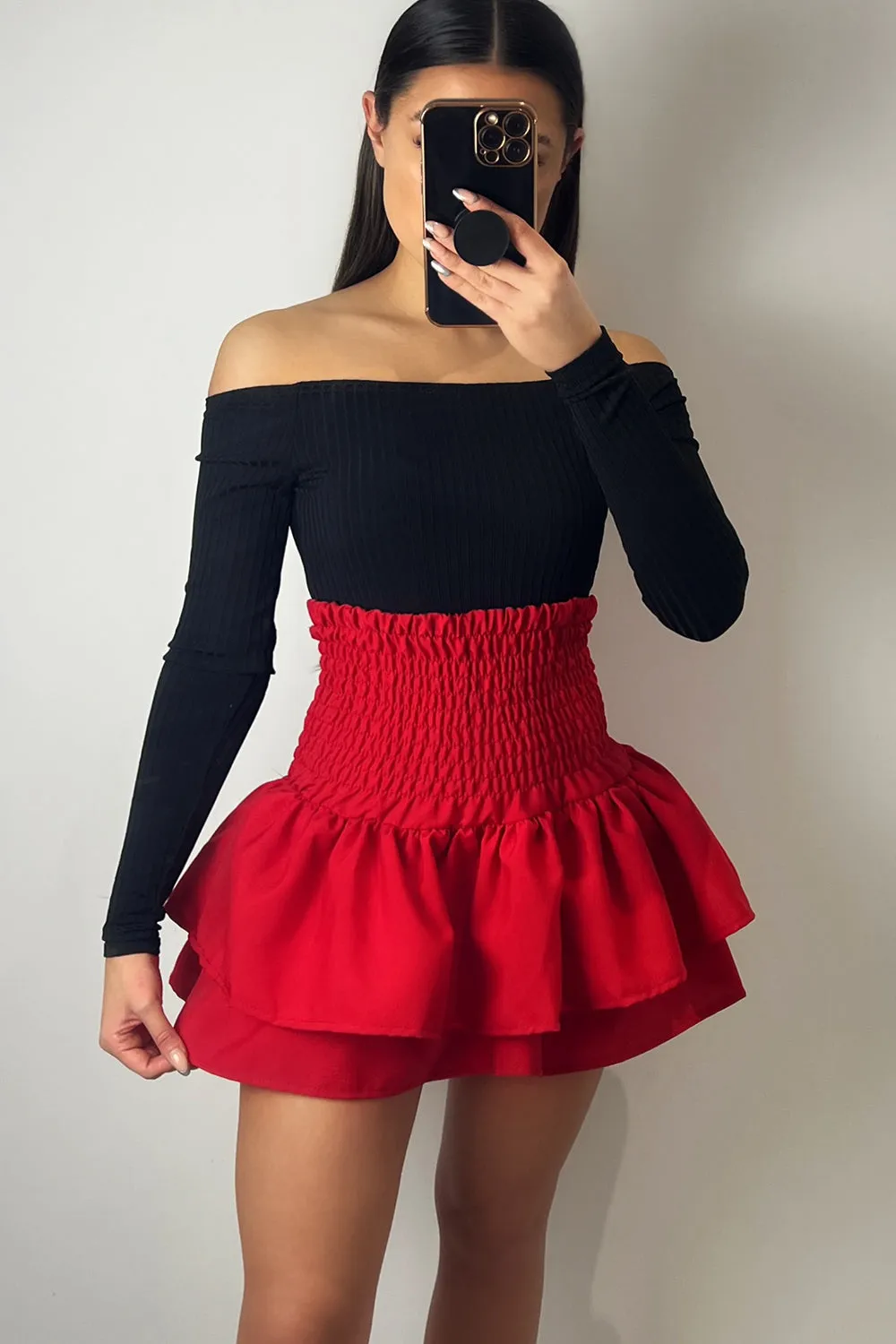 Cece Red Shirred Waist Ruffle Hem Mini Skirt