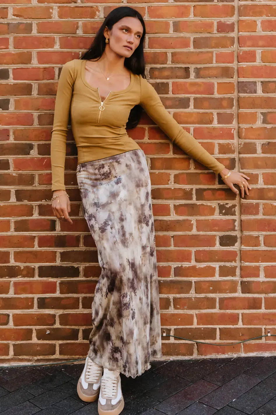 Chandler Abstract Maxi Skirt in Brown