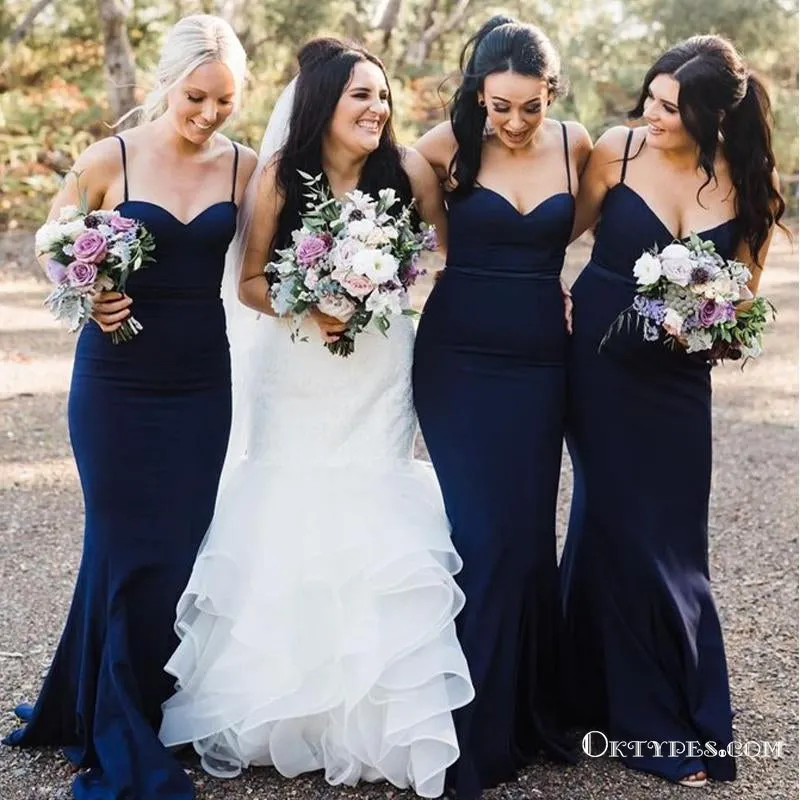 Charming Mermaid Sweetheart Spaghetti Straps Navy Blue Long Bridesmaid Dresses, TYP1753