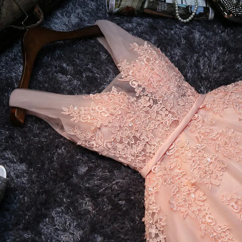 Cheap V Neck Peach Lace Beaded Cute Homecoming Dresses, CM445