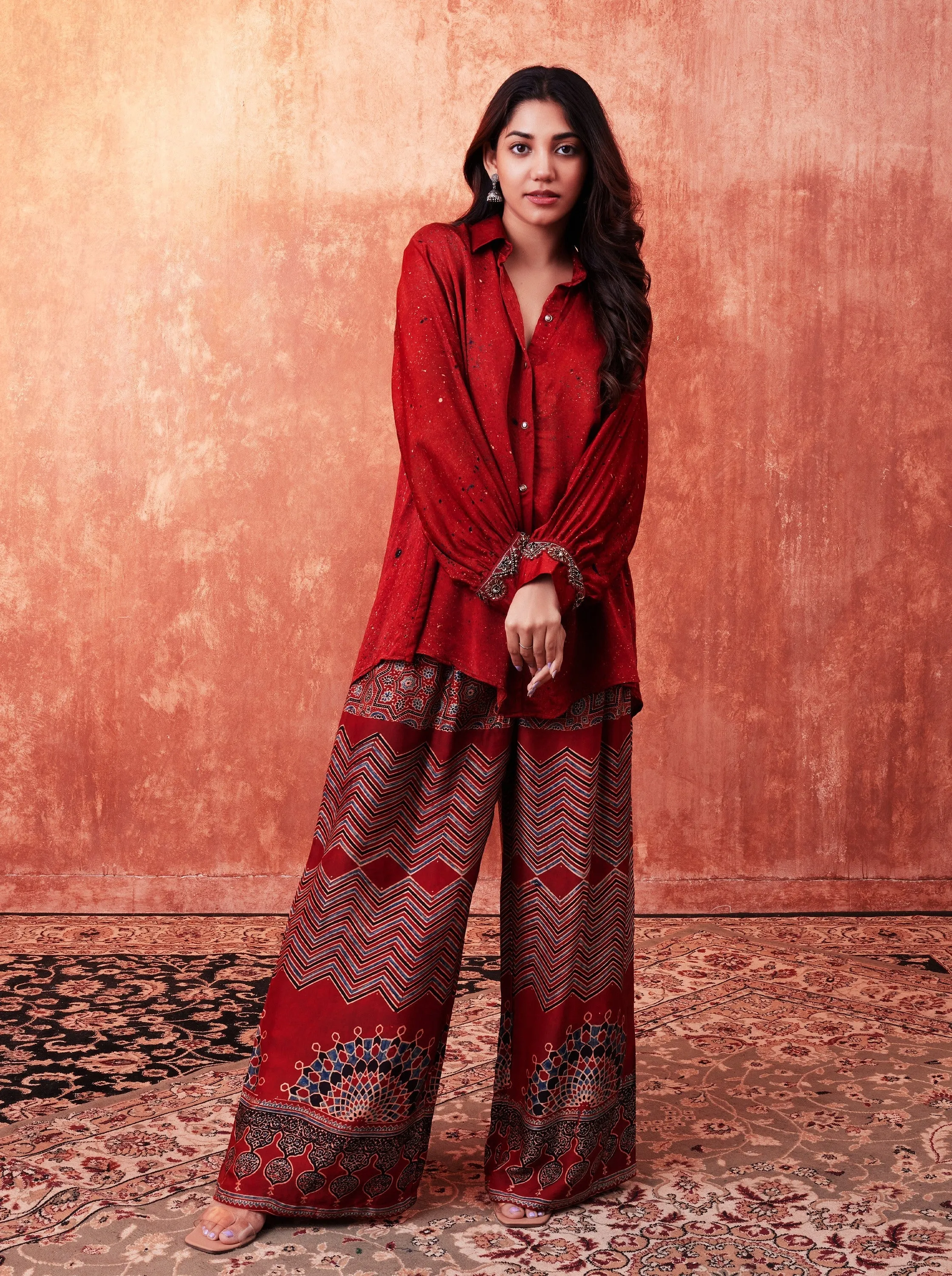 Cherry Red Ajrakh Printed Habutai Silk Co-Ord Set