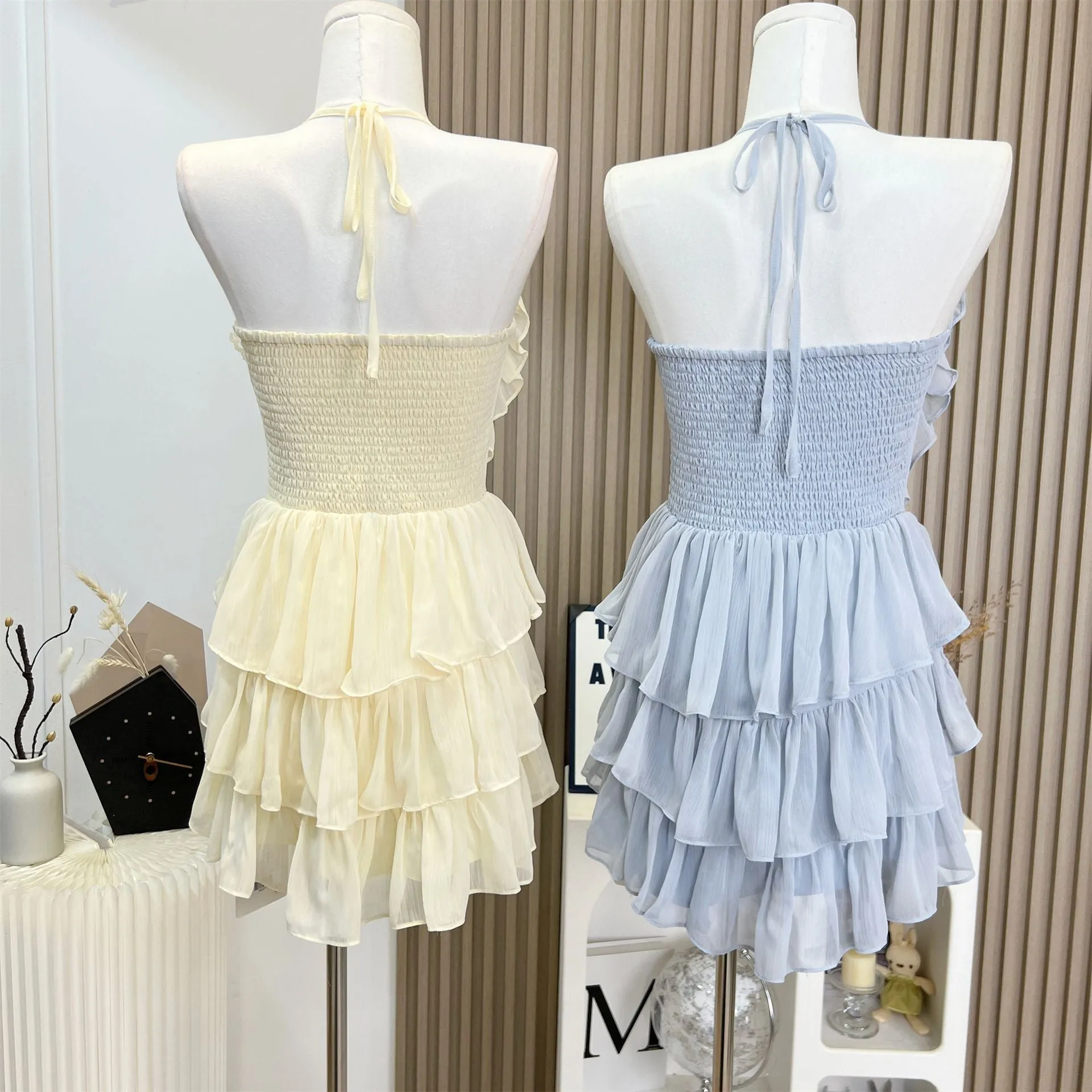 Chiffon Striped Ruffle Strap Short Tulle Tiered Ruffle Mini Dress Backless