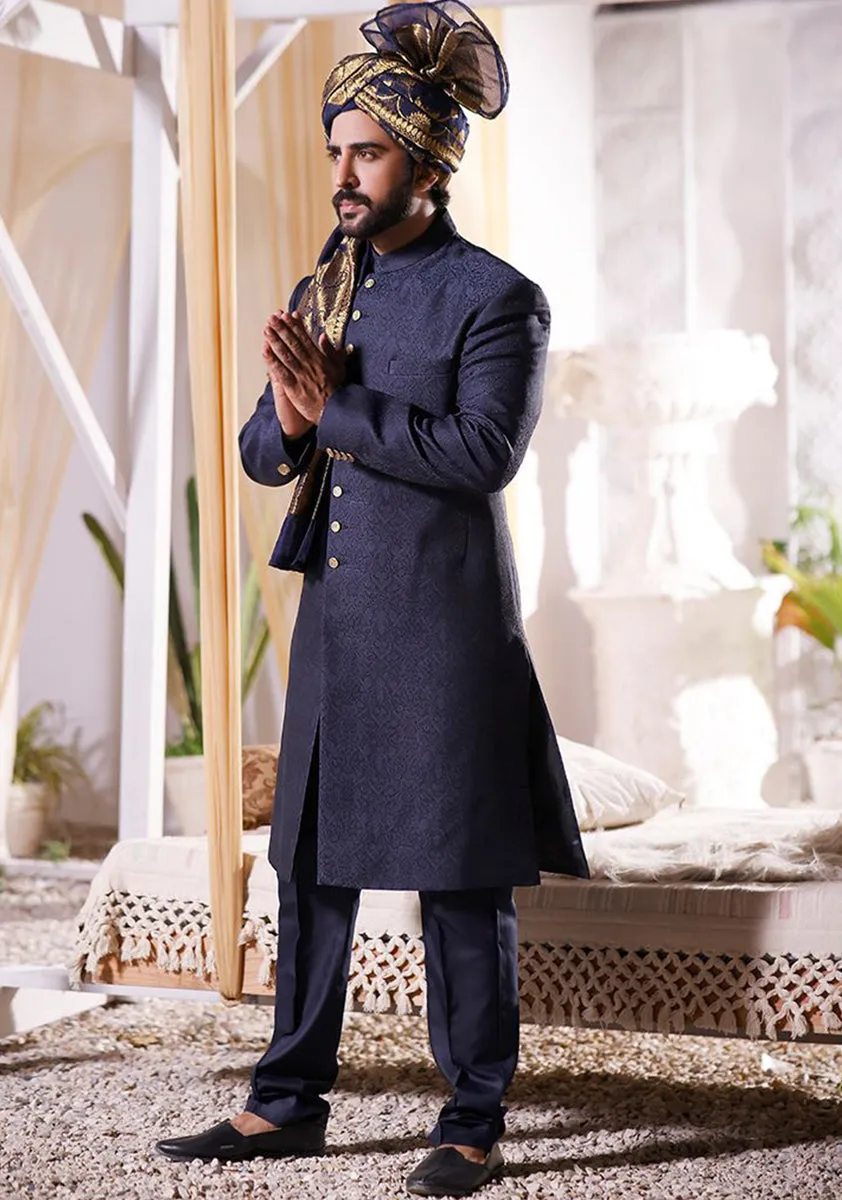 Classic Navy Blazer Jamawar Traditional plain Sherwani