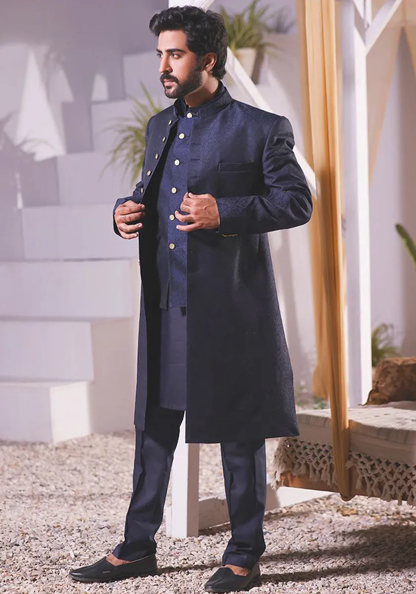 Classic Navy Blazer Jamawar Traditional plain Sherwani