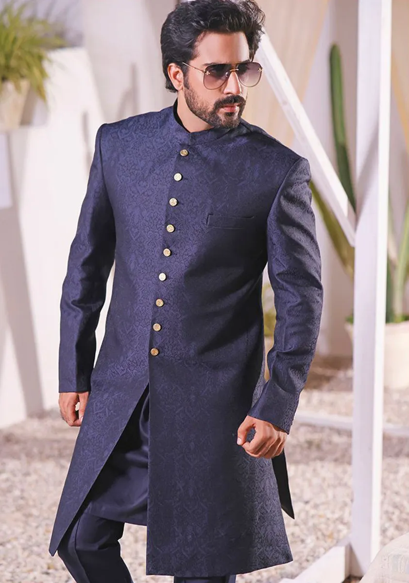 Classic Navy Blazer Jamawar Traditional plain Sherwani