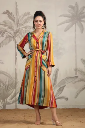 Colourfull Striped Printed A-Line Dress with Belt