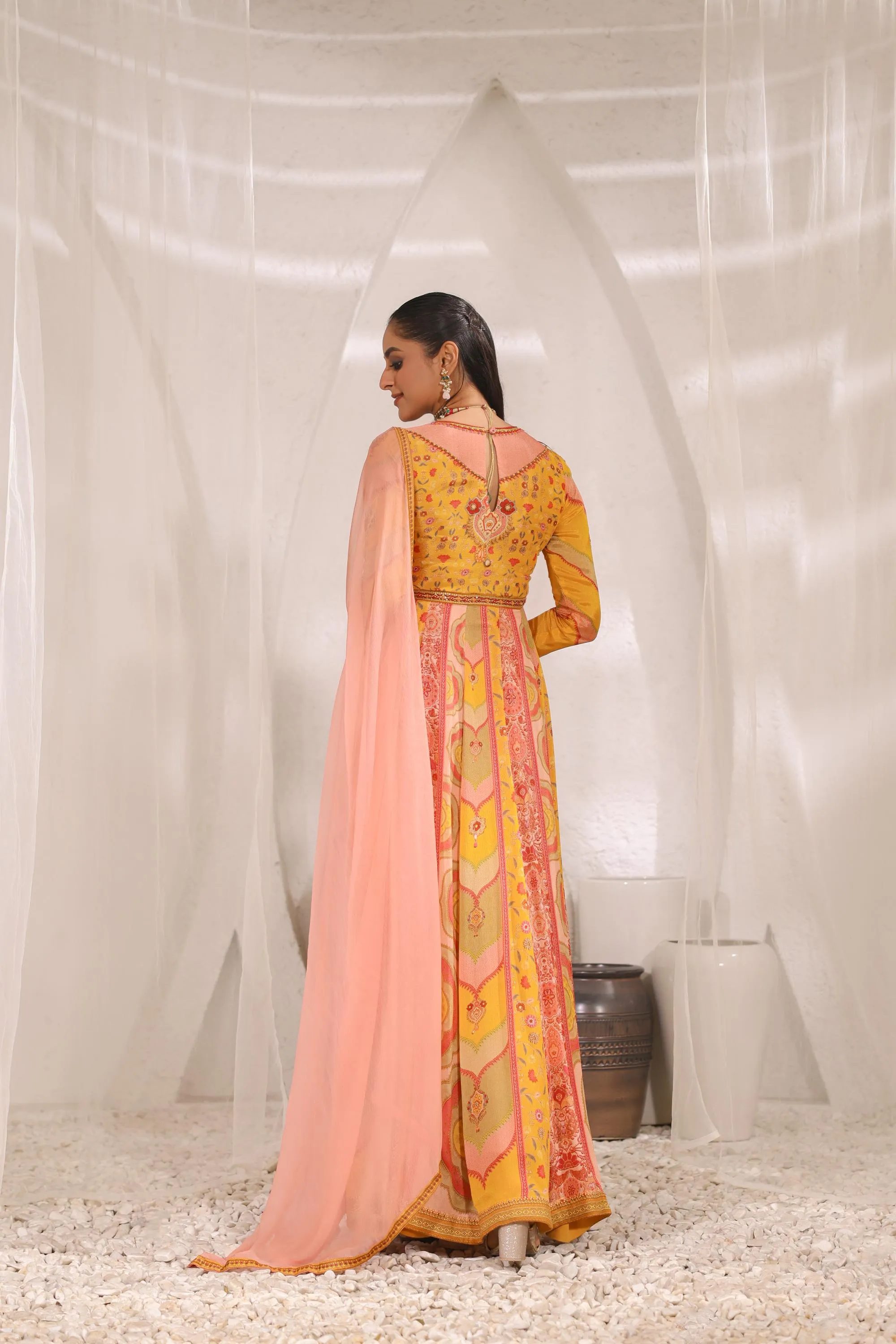 Coral Peach Traditional Printed Chinon Silk Anarkali Set