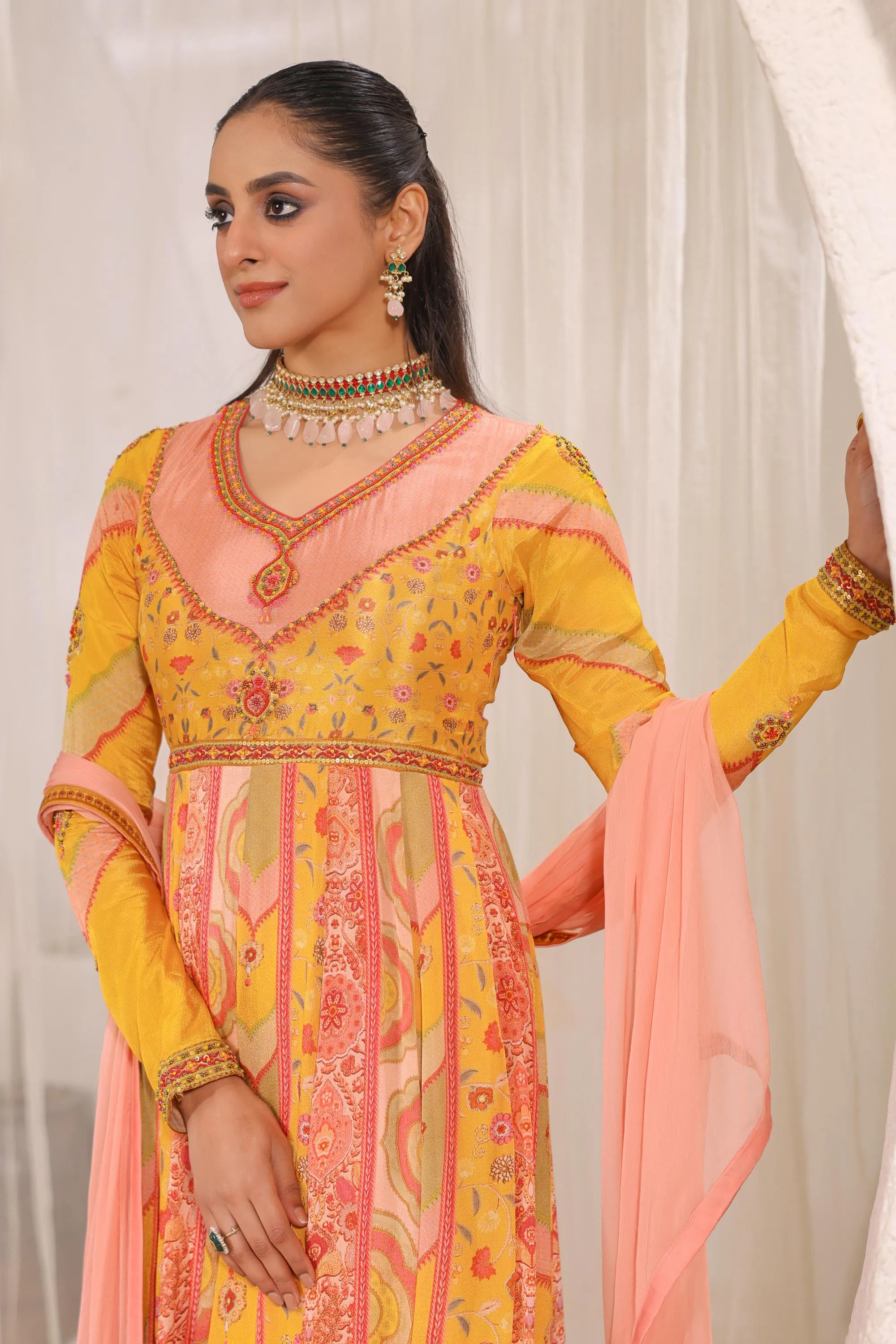 Coral Peach Traditional Printed Chinon Silk Anarkali Set