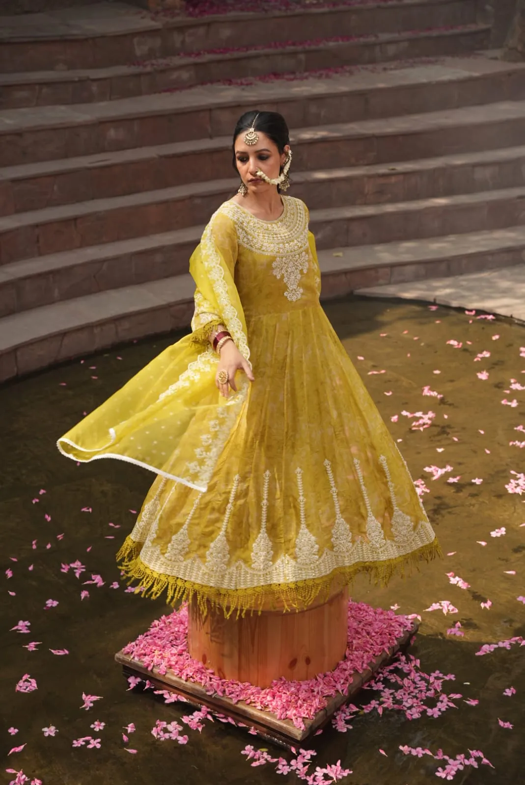 Corn Yellow Embroidered Premium Organza Silk Anarkali Set