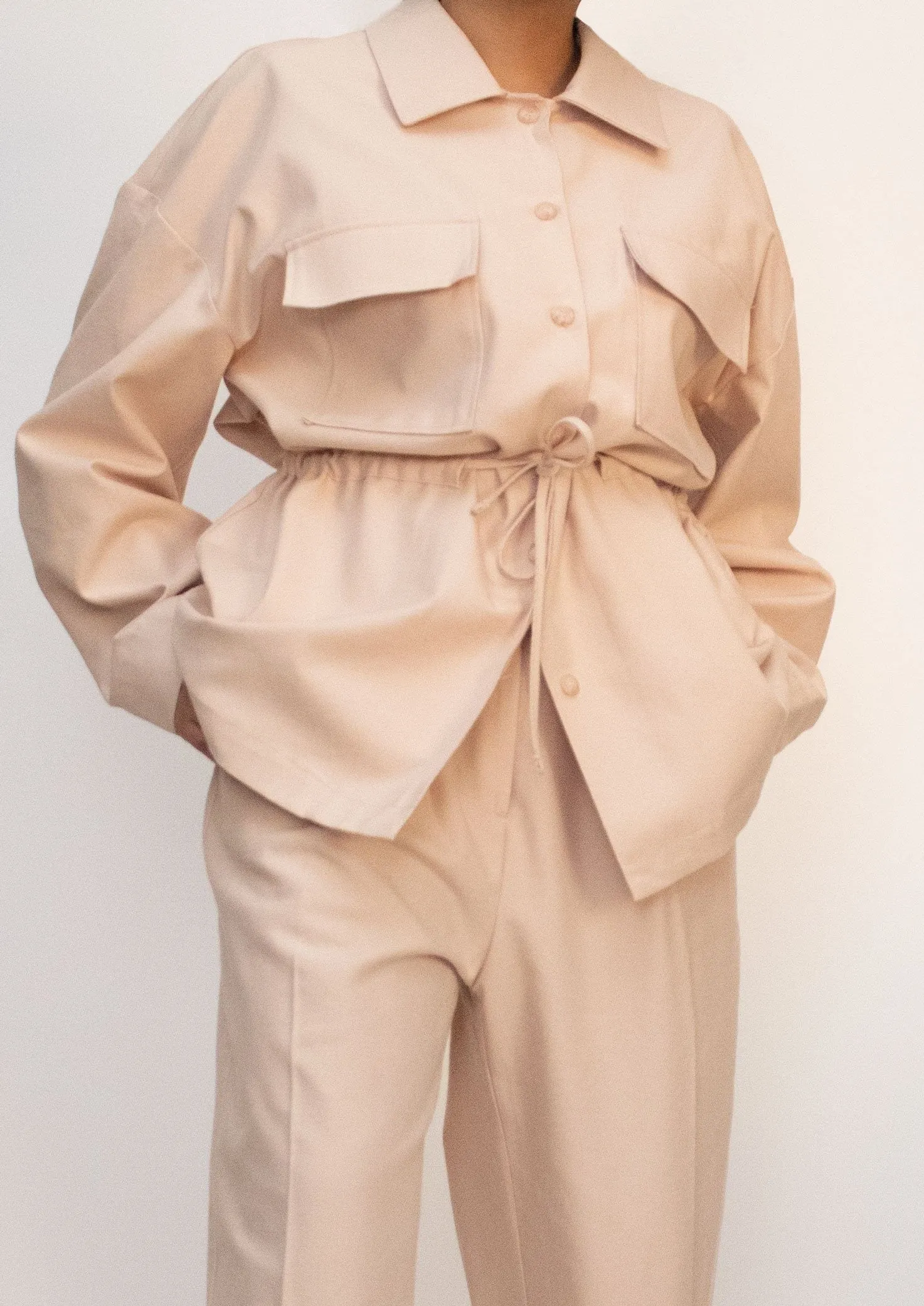 Cotton Drawstring Shirt Jacket in Pastel Pink