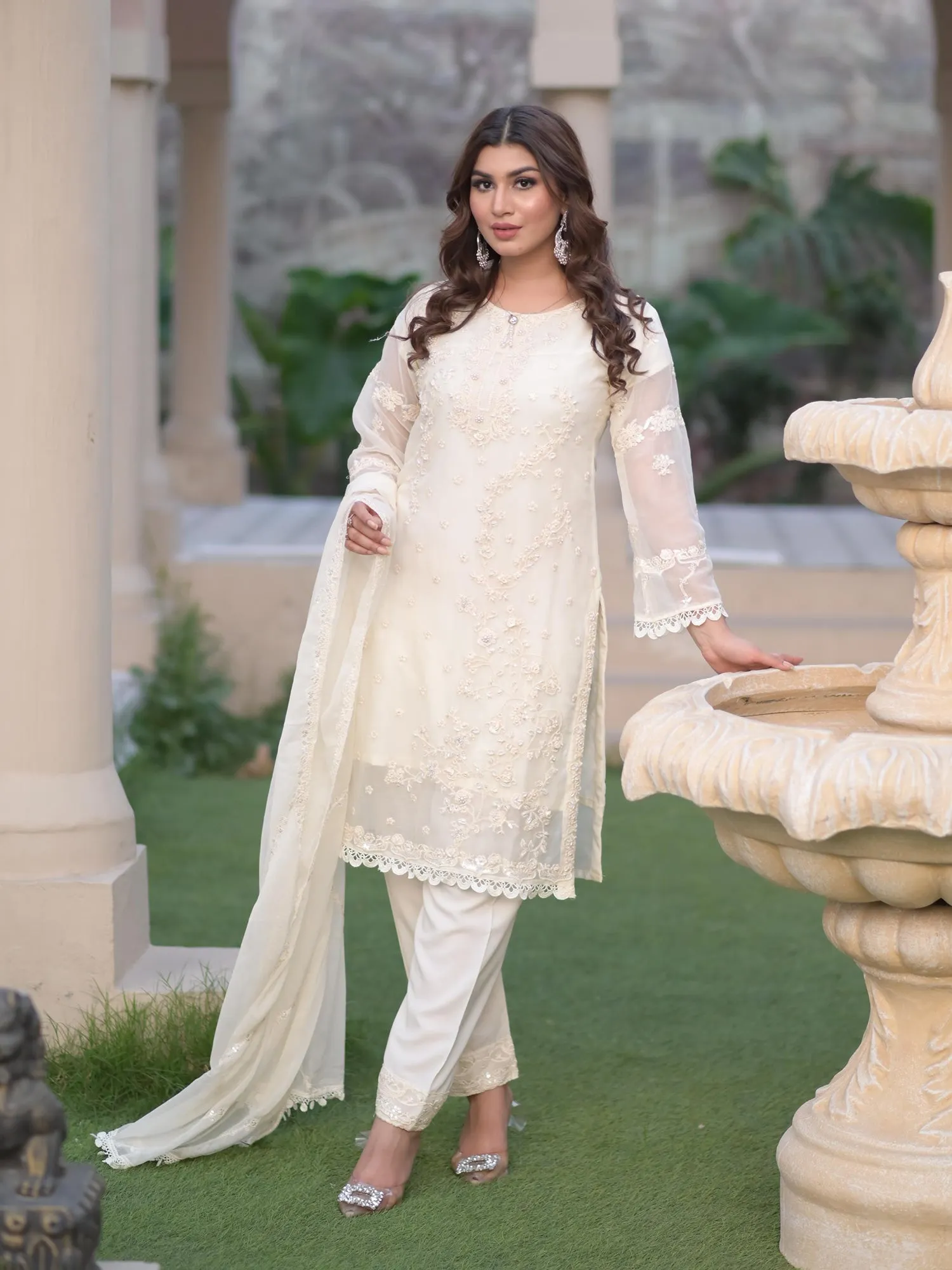 Cream Embroidered Chiffon 3-Piece Suit