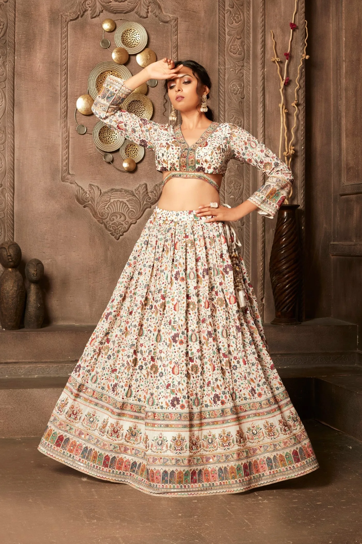 Cream Floral Embellished Raw Silk Lehenga