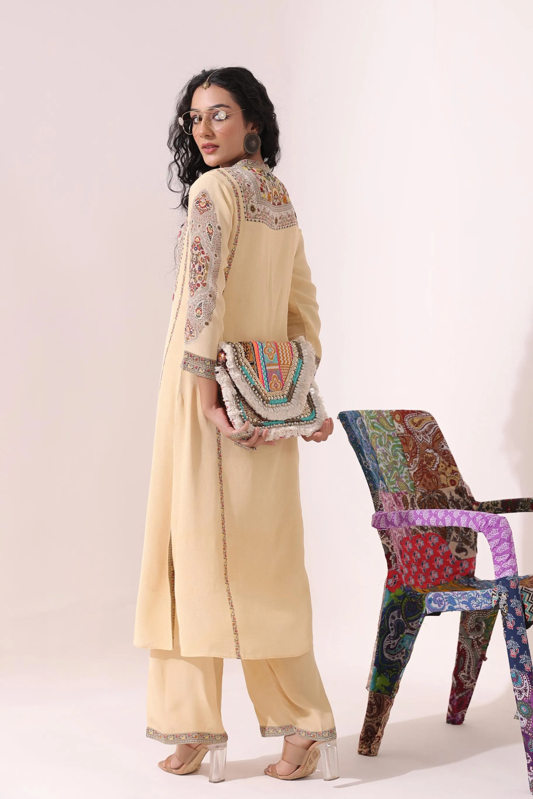 Cream Traditional Printed Crepe Silk Pant Set