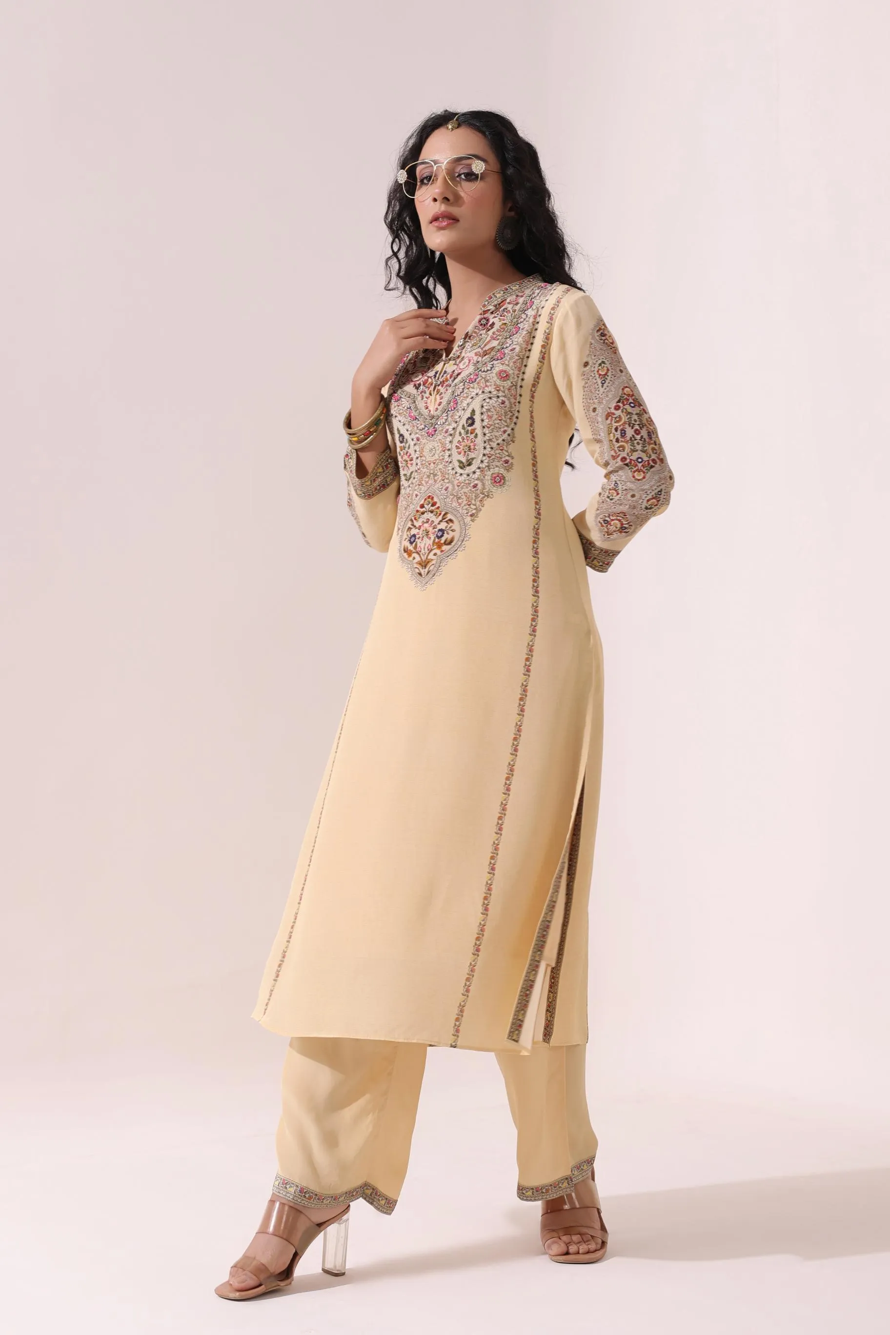 Cream Traditional Printed Crepe Silk Pant Set