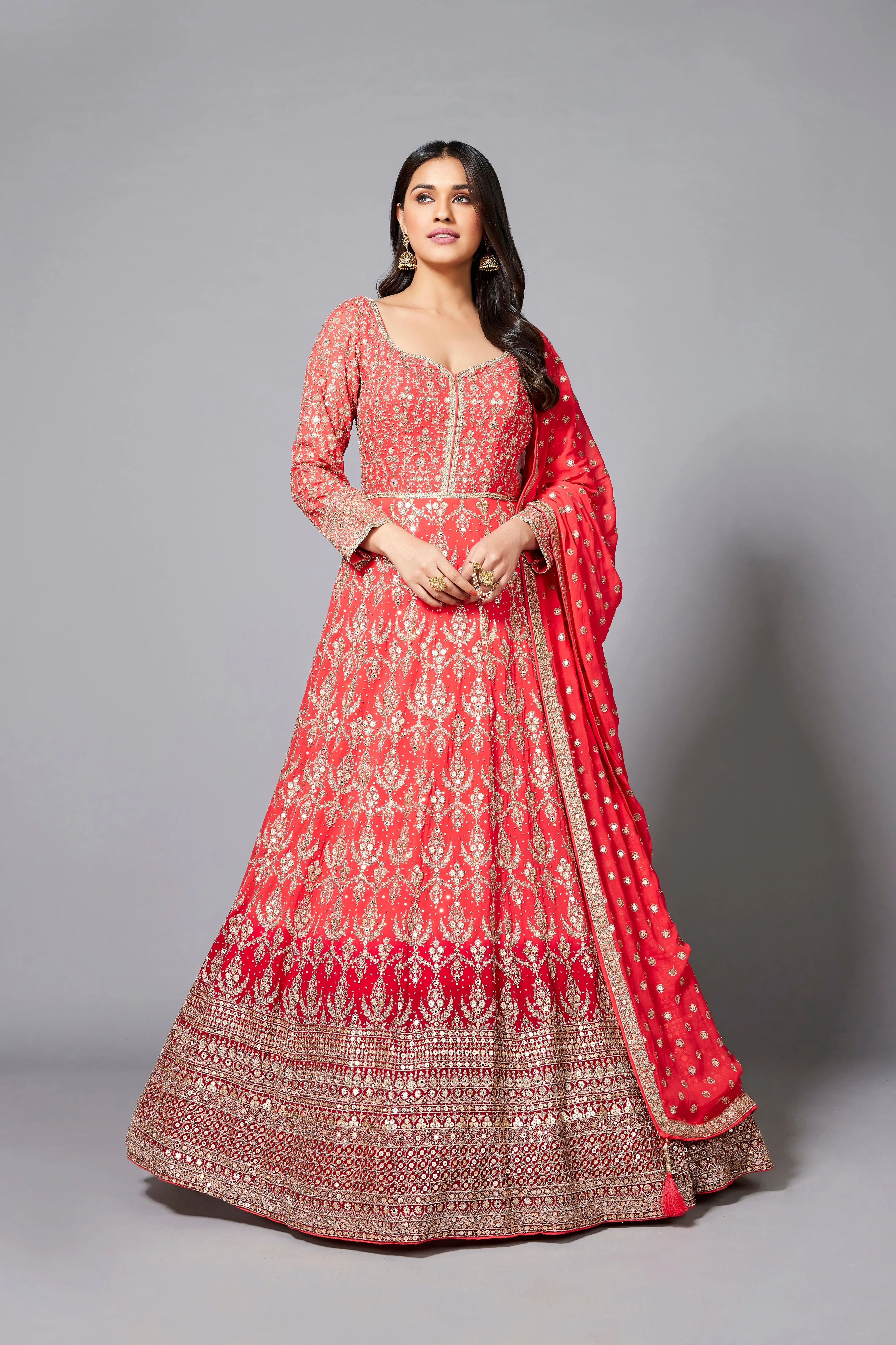 Crimson Red Embellished Swiss Georgette Silk Anarkali Set