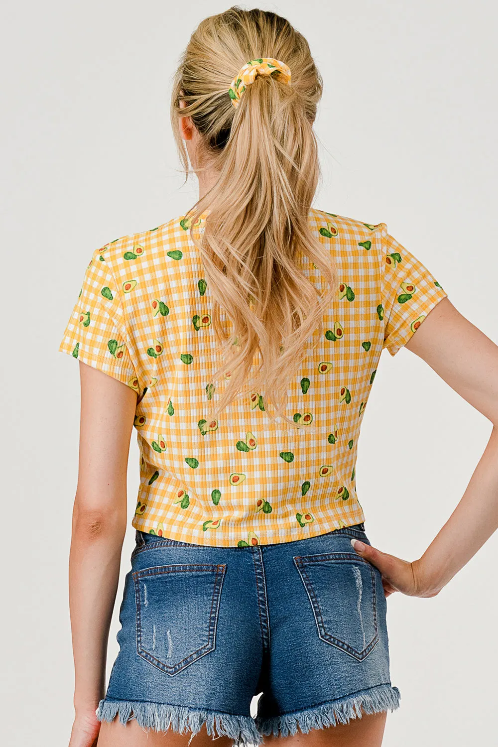 Crop Rib Knit Short Sleeve Tops with Matching Scrunchie - Yellow Avocado Plaid