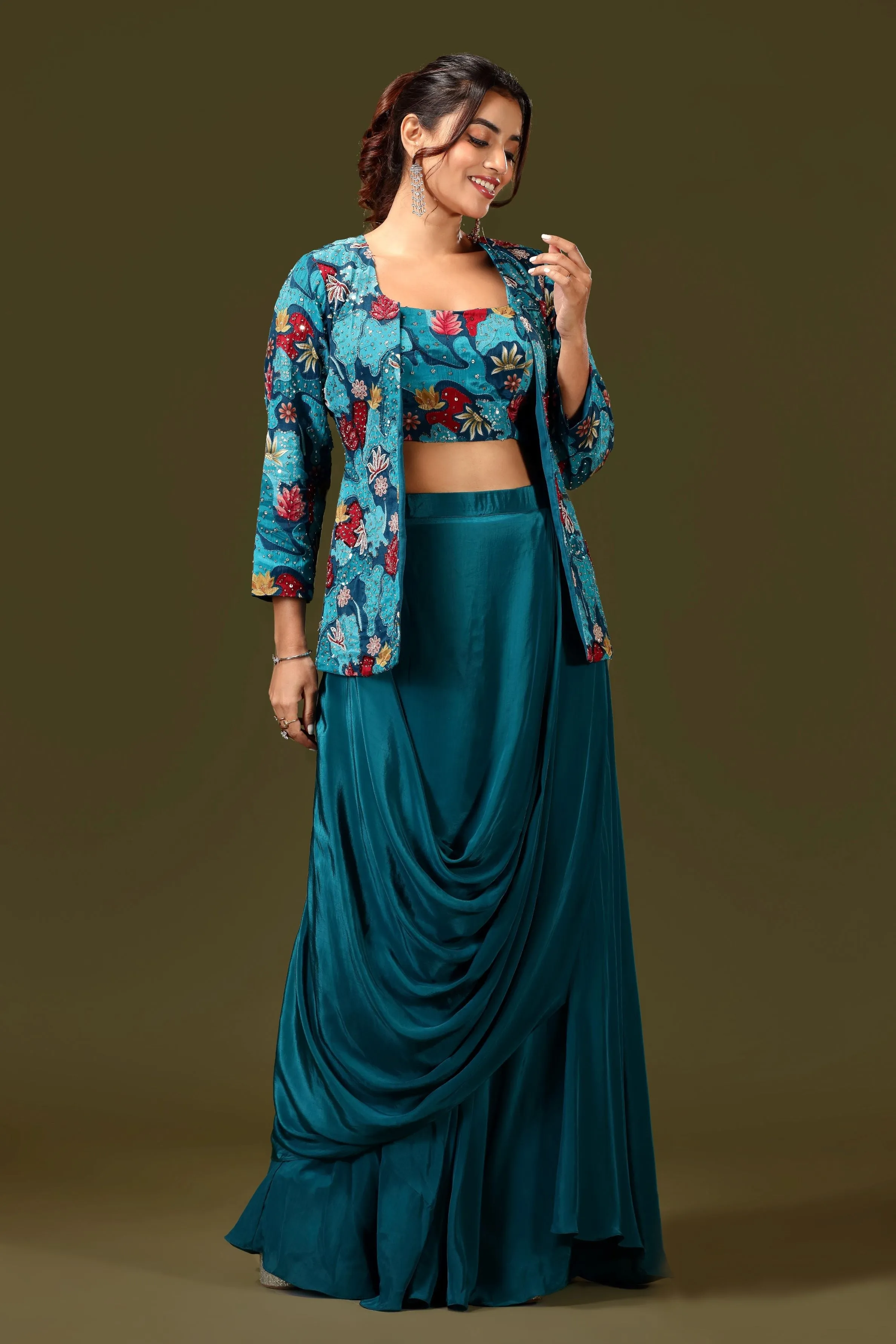 Dark Teal Floral Embellished Spanish Silk Jacket Skirt Set