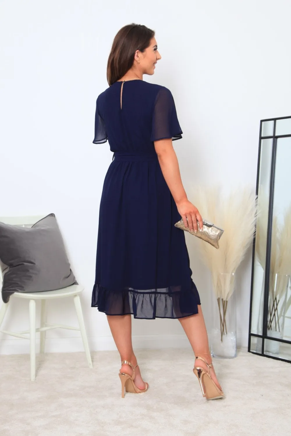 Double Second Navy Chiffon Wrap Dress With Tea Sleeve