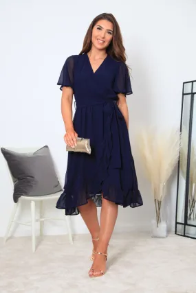 Double Second Navy Chiffon Wrap Dress With Tea Sleeve