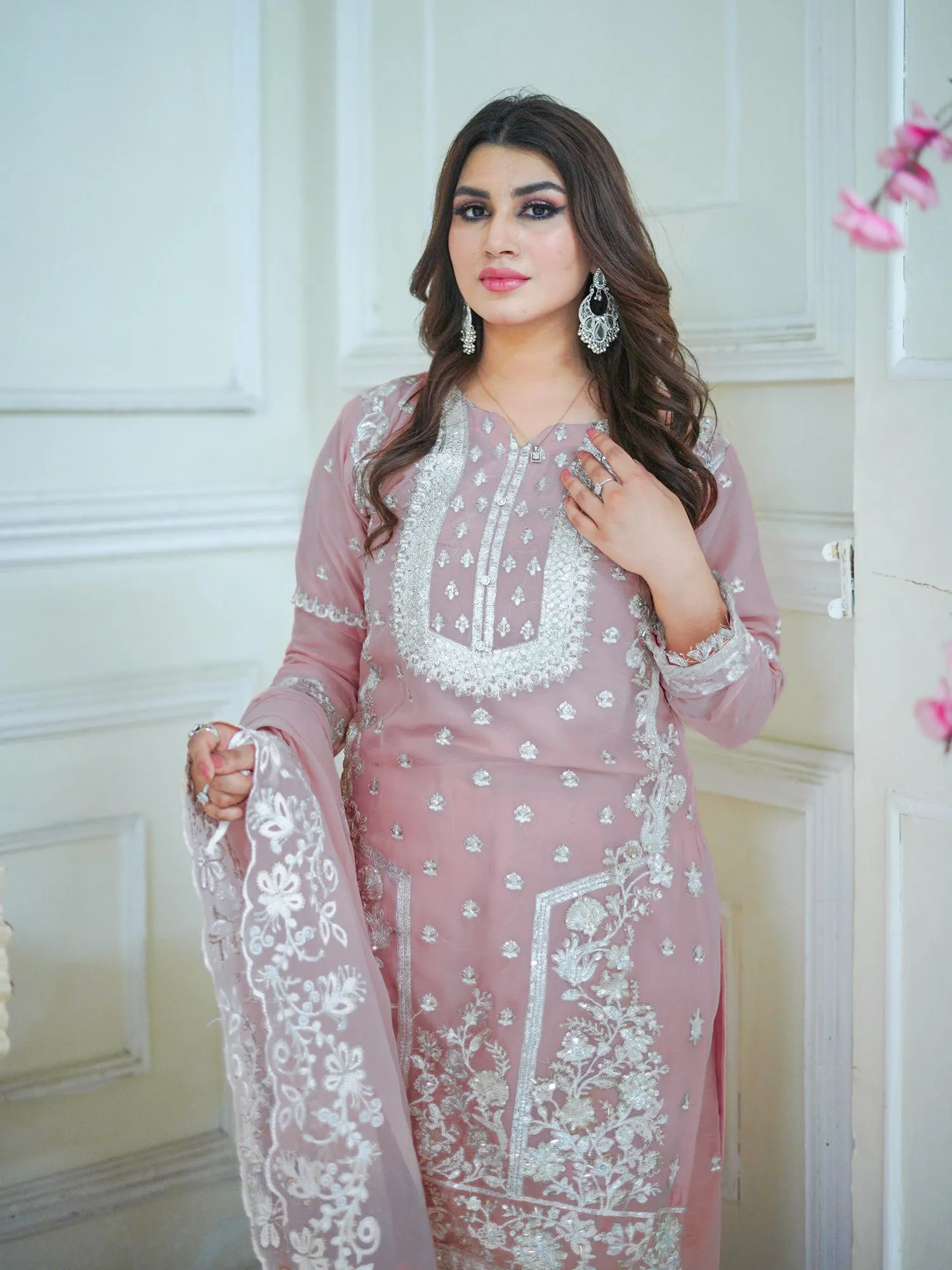 Dusky Pink Embroidered Chiffon Suit