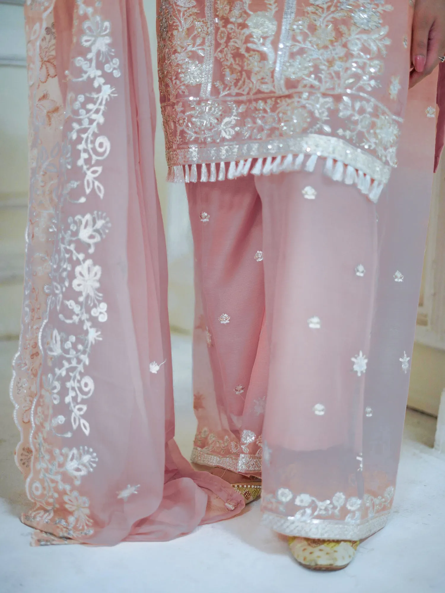 Dusky Pink Embroidered Chiffon Suit