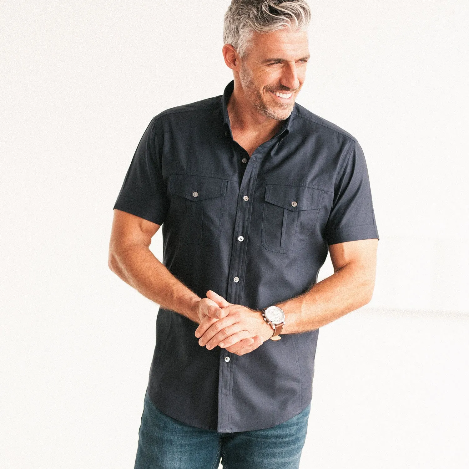 Editor Short Sleeve Utility Shirt – Dark Navy Mercerized Cotton