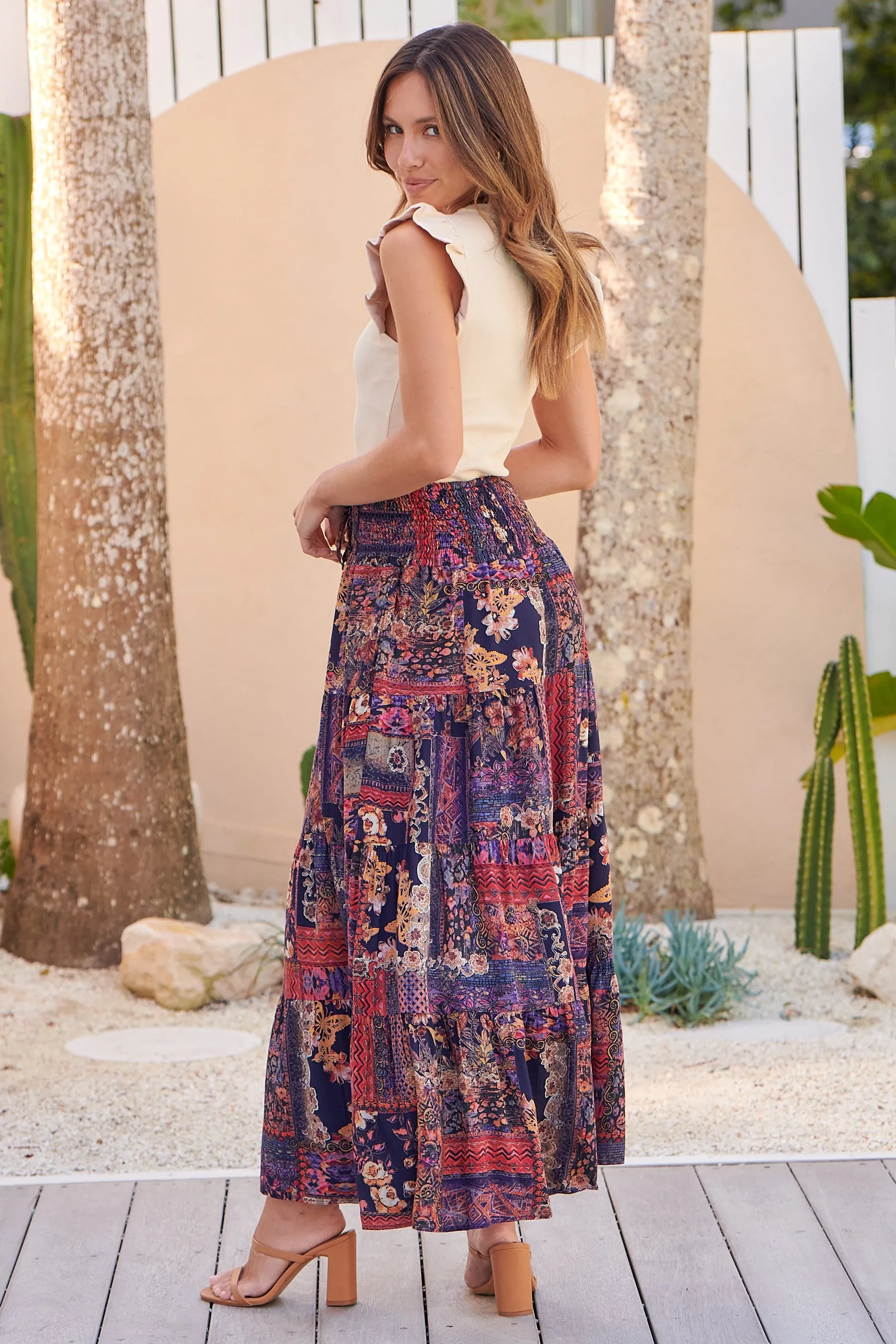 Fleur Navy/Pink Bohemian Print Maxi Skirt