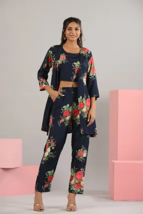 Floral Bouquet on Blue Russian Silk Three Piece set